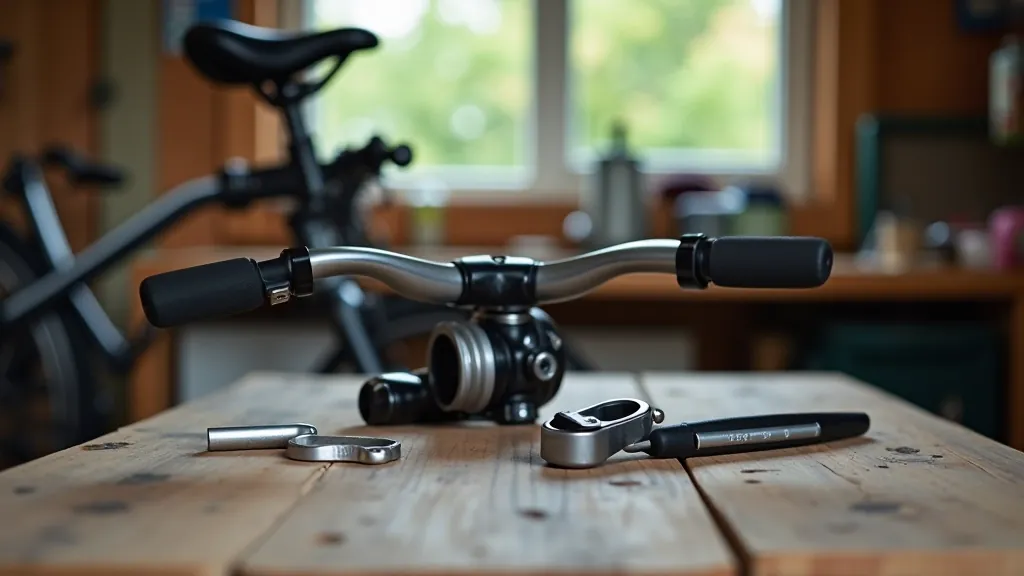 Close-up of bicycle saddle, handlebars, and adjustment tools on a wooden workbench