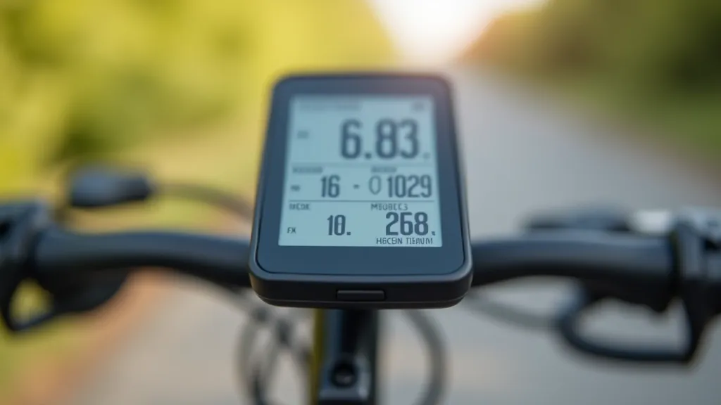 Close-up of cycling computer displaying distance, pace, and elevation data during a long ride