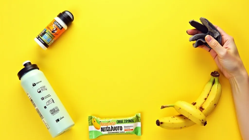 Overhead view of cycling nutrition essentials: water bottle, banana, energy bars, and electrolyte drink arranged on a cycling jersey