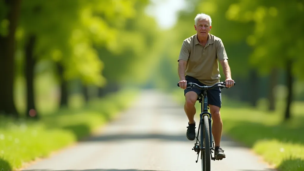 Older cyclist riding confidently on the Greenway with lush green scenery on both sides