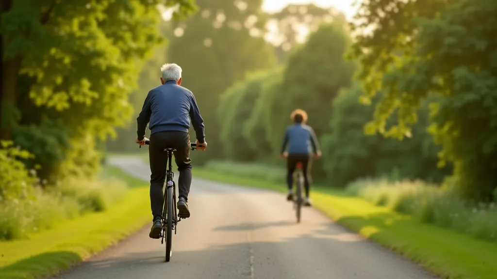 Mature cyclist riding at an easy pace on a flat, tree-lined canal path in pleasant weather