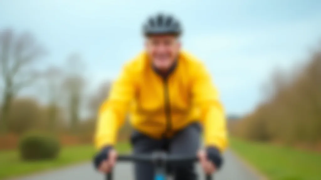 Older cyclist riding confidently on a flat path, wearing a helmet and bright cycling jacket
