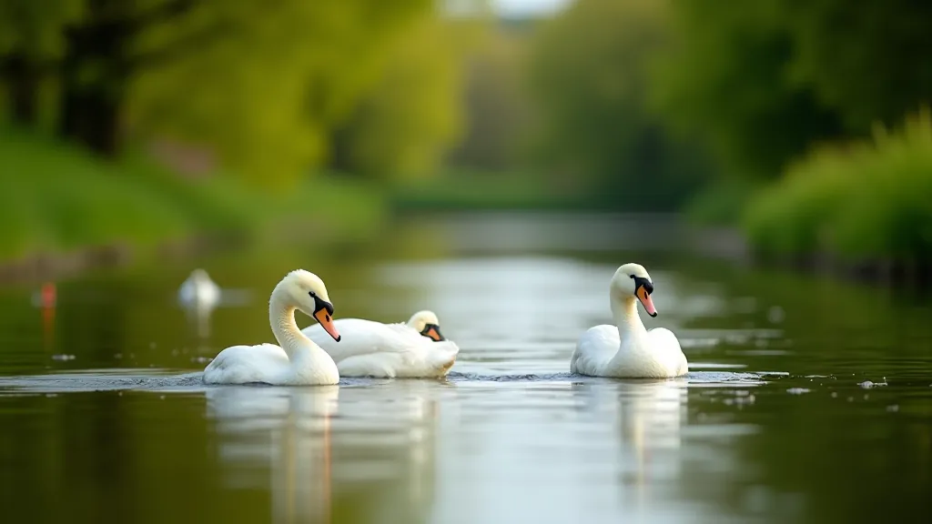 Wildlife on Royal Canal including swans and ducks in water, natural scenery for birdwatching cyclists
