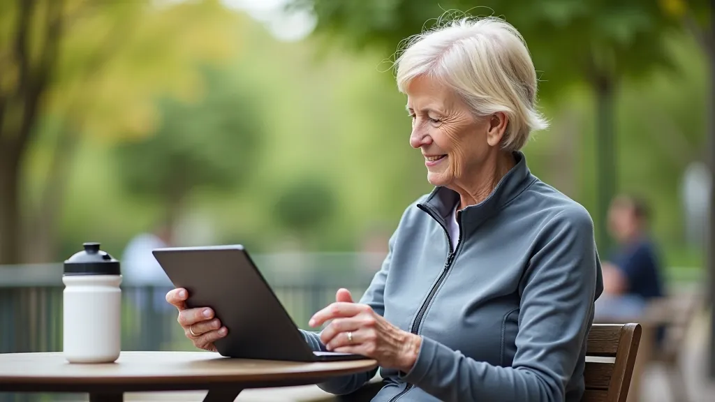 Senior cyclist checking a training log on a tablet at a cafe stop on the towpath
