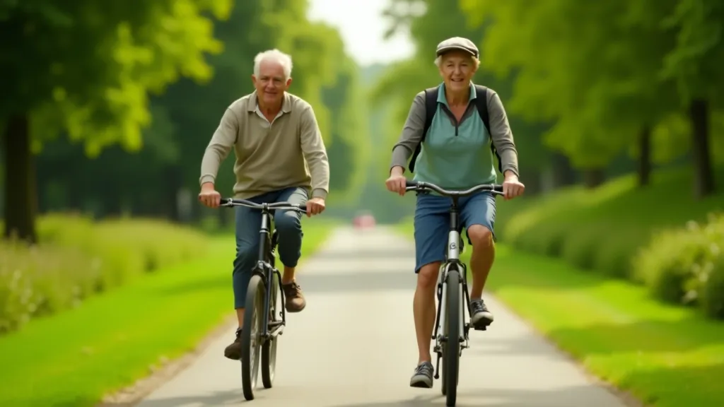 Scenic view of the Royal Canal Greenway cycling path with mature cyclists enjoying the flat terrain